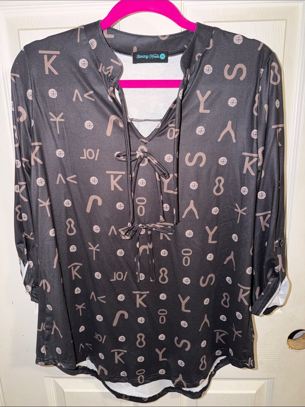 Women's Black Tie-Front Tunic with Taupe Print